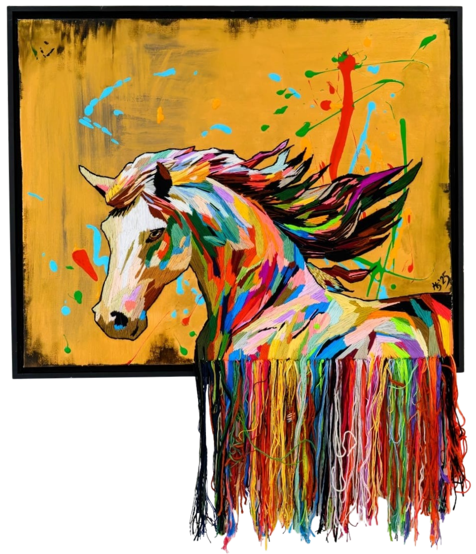 “Hundred Years of Solitude” by Helena Safari, embroidered and painted horse portrait bursting with vivid rainbow colours, flowing multicoloured threads cascading from the canvas, blending hand embroidery with acrylic paint on a golden background in homage to Gabriel García Márquez.