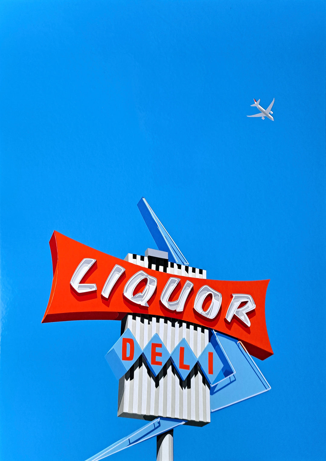 A vibrant hand-cut vinyl artwork depicting a classic American roadside sign reading “Liquor Deli,” set against a striking cobalt blue sky with a white jet plane flying overhead. Featuring retro lettering, graphic symmetry, and bold red, white, and blue tones, this piece celebrates 1950s–70s American signage with a clean, contemporary finish.