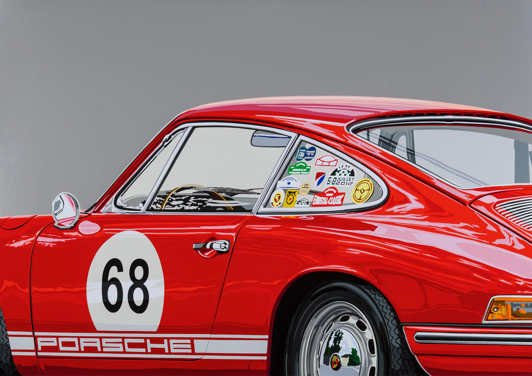 Detailed artwork of a red classic Porsche 911 with race number 68 and vintage rally stickers on the rear window.