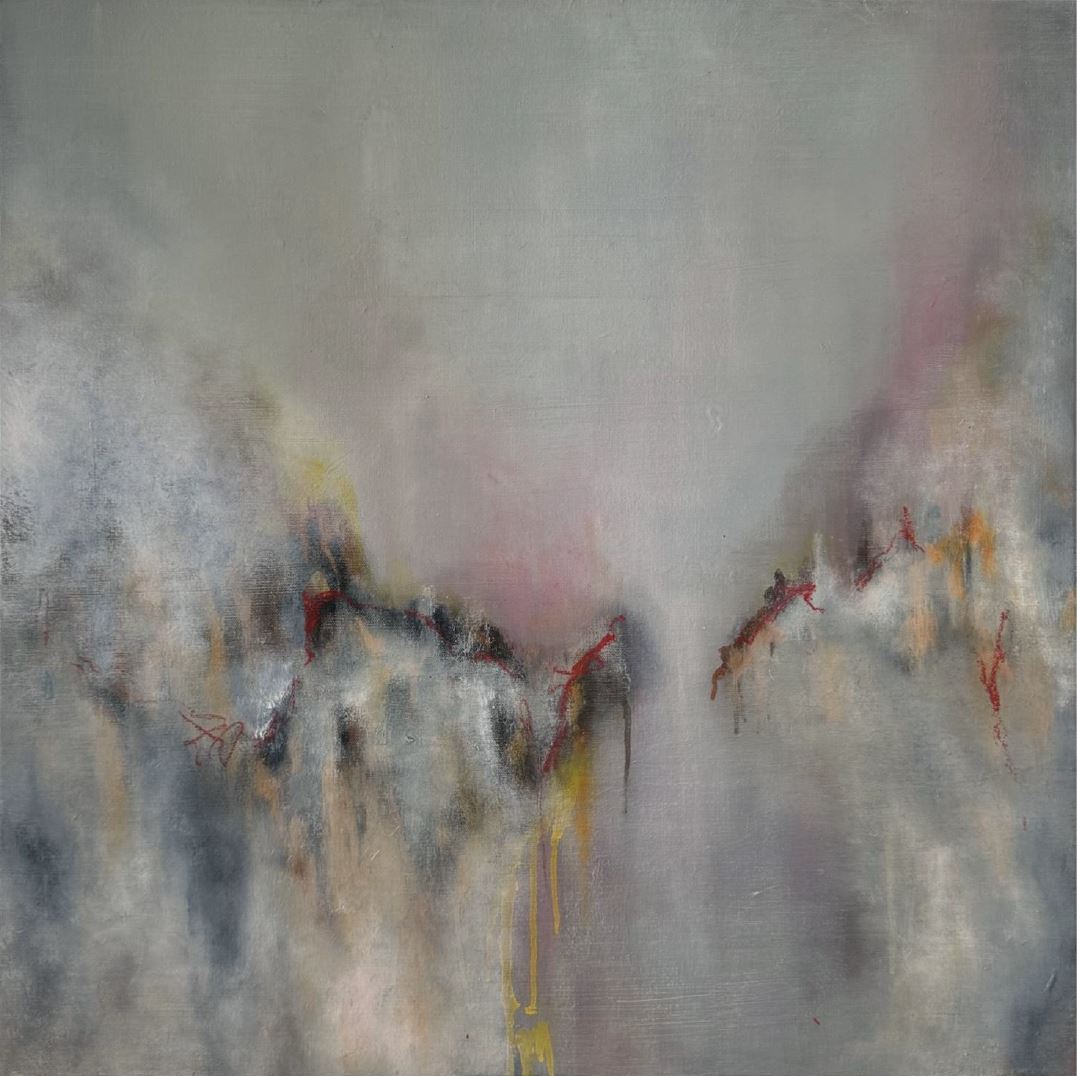 Abstract painting with soft grey tones and expressive strokes of red, yellow, and black blending into misty textures.