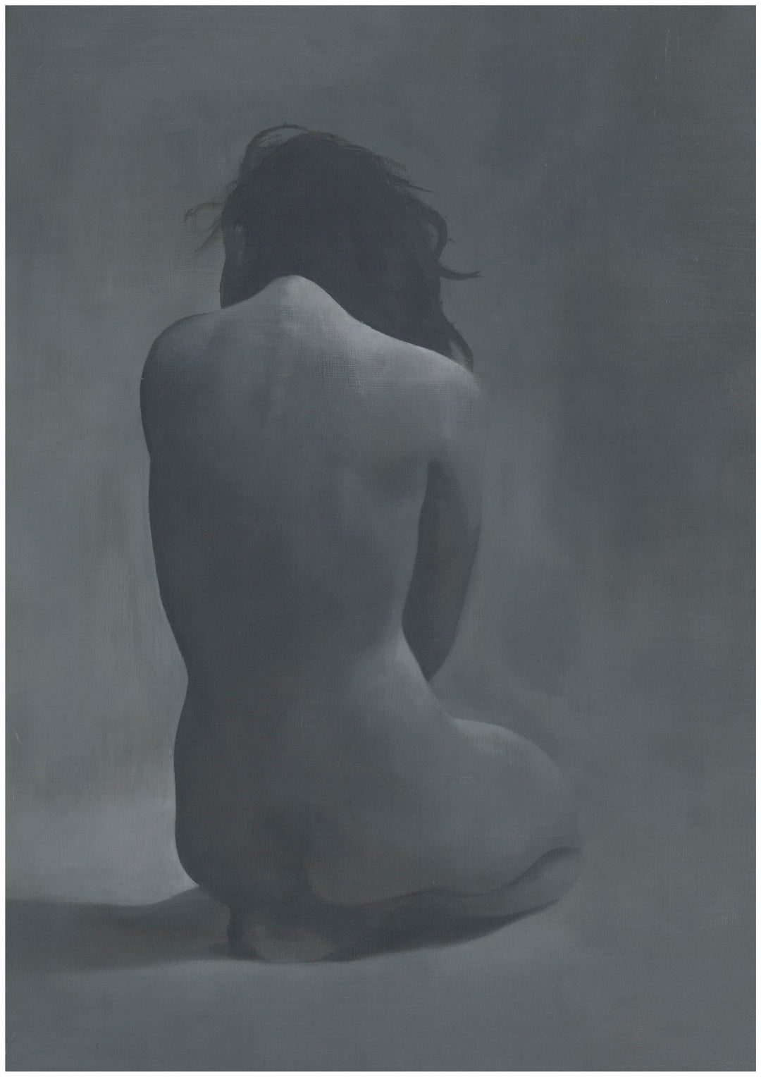 Monochrome painting of a seated nude woman viewed from behind, rendered in soft grayscale tones.