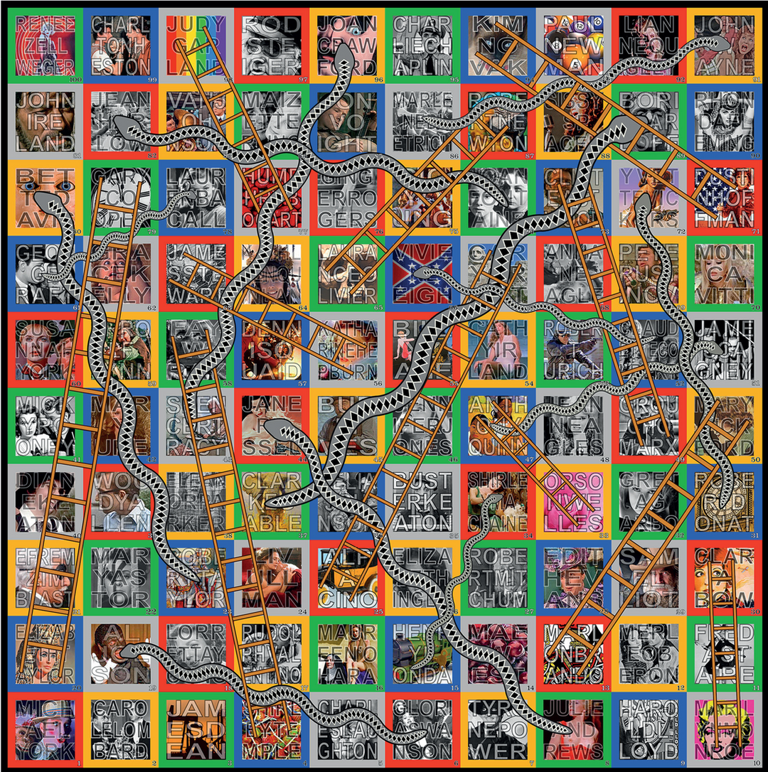 Colourful Snakes and Ladders-style artwork featuring 100 squares with stylised portraits of Hollywood icons, overlaid with snakes and ladders across a vivid red, blue, yellow, green, and orange grid.