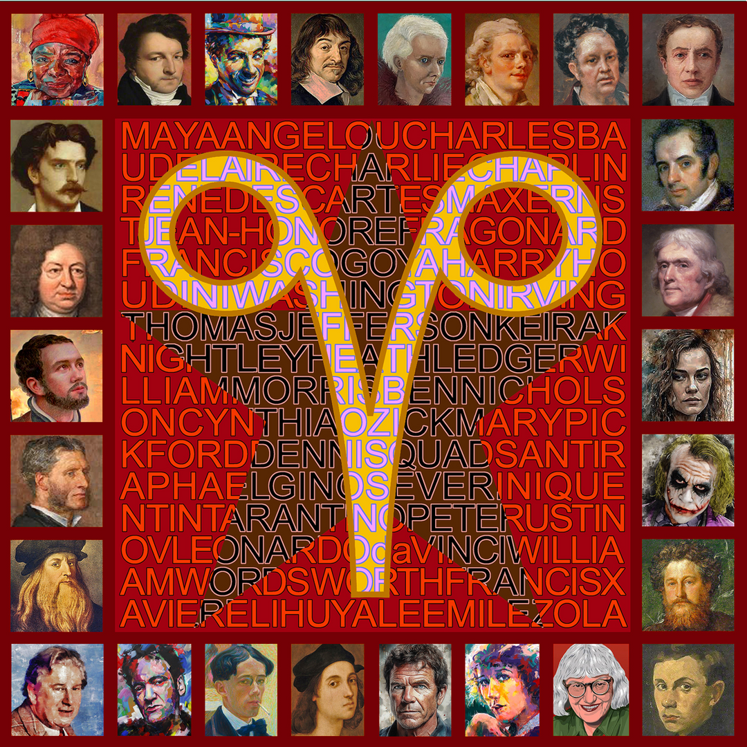 Aries zodiac symbol in bold yellow and violet overlays a red square grid filled with the names of famous Aries creatives. The artwork is framed by portraits of iconic figures such as Leonardo da Vinci, Maya Angelou, and Charlie Chaplin. Strong red dominates the background, with vivid yellow lettering and blue-violet accents throughout. The piece combines pop-art aesthetics with classical portraiture in a striking, colour-rich tribute to Aries icons.
