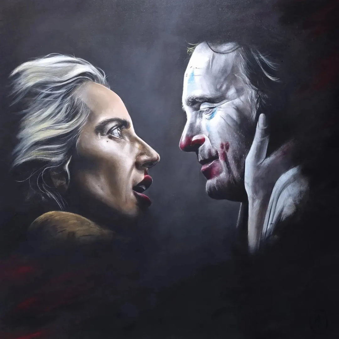 Dark, atmospheric portrait of a woman and a man in clown makeup facing each other in intense confrontation.