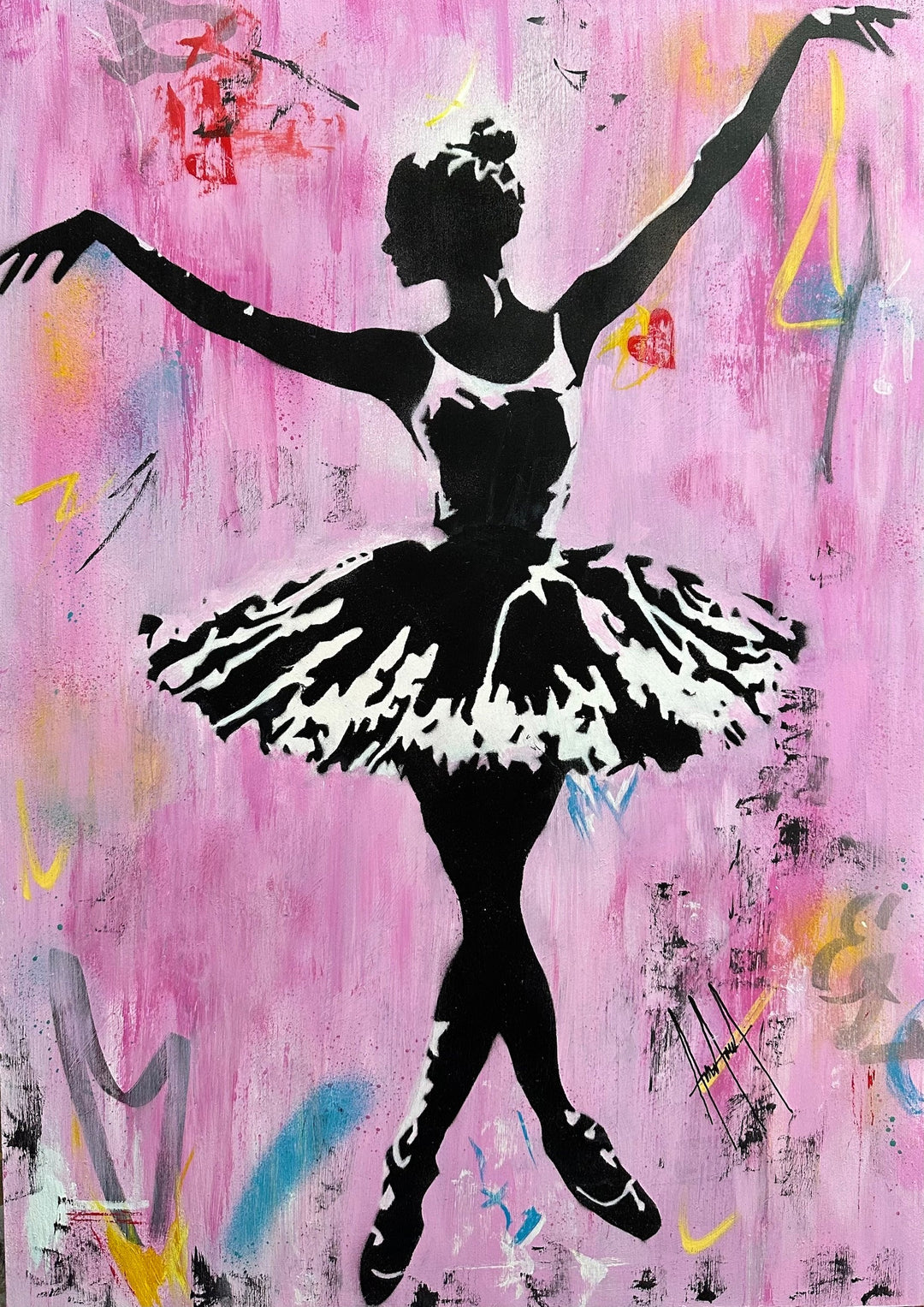 “Ballerina by Andolini Art – mixed media painting on wood featuring a black and white ballerina silhouette in tutu against a pink background with graffiti-style marks, spray paint layers, abstract details and street art influence. Colours pink, yellow, blue, black and white.”