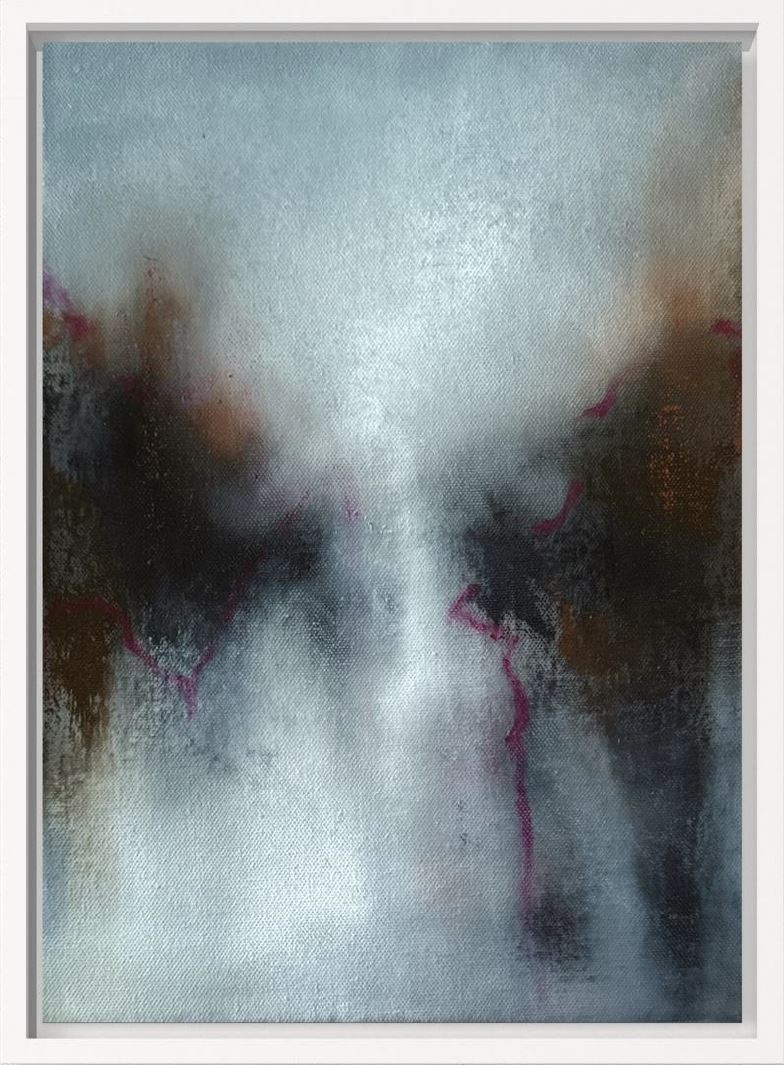 Large abstract painting with soft blue tones, dark cloud-like forms, and vertical drips creating a moody, atmospheric effect.