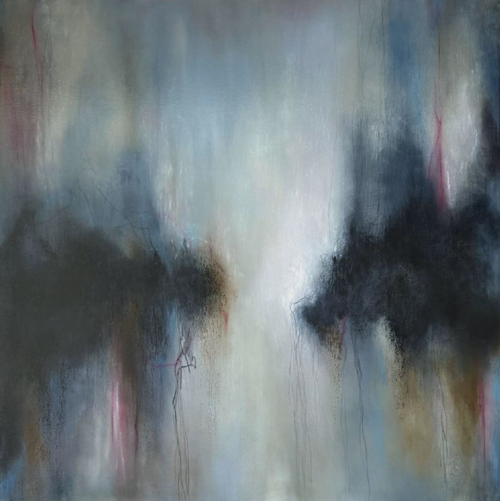 Large abstract painting with soft blue tones, dark cloud-like forms, and vertical drips creating a moody, atmospheric effect.