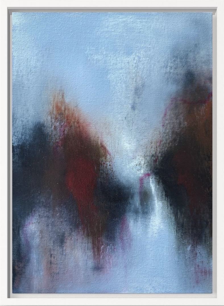 Abstract painting with soft blue, black, and red tones blending into a misty, atmospheric composition.