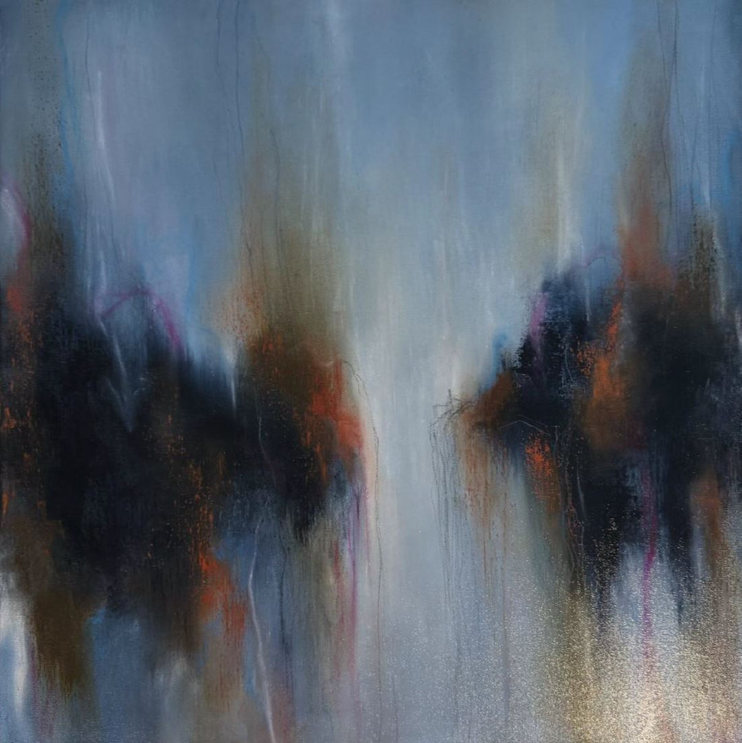 Abstract painting with blue and grey tones, dark cloud-like forms, and layered drips in orange, pink, and black.