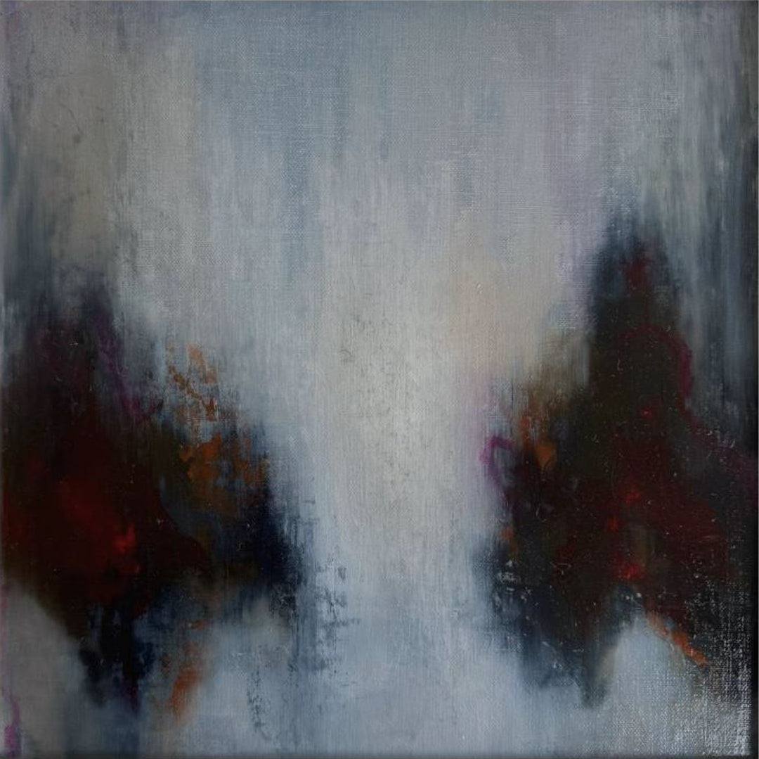 Abstract painting with muted blue tones and two dark, organic forms fading into a soft, textured background.