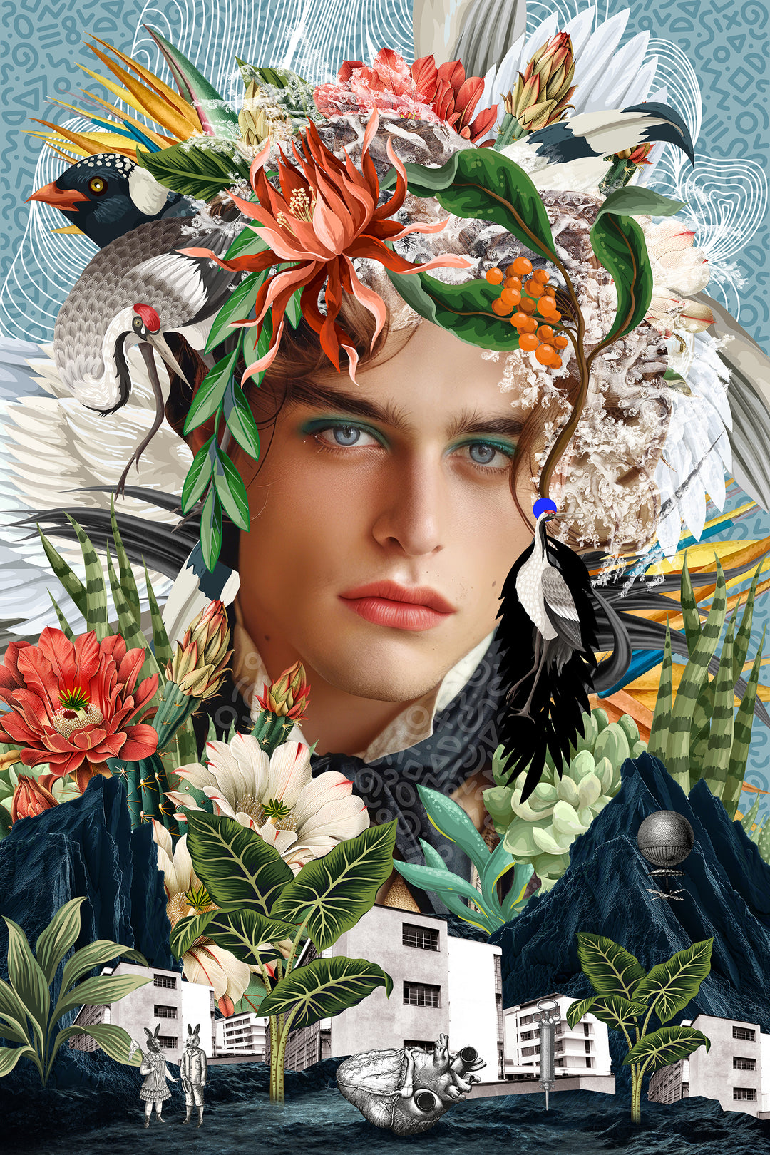 A vibrant surrealist digital collage featuring a central portrait of an androgynous figure adorned with an elaborate floral and botanical headdress. Exotic birds, leaves, succulents, and coral-like textures radiate around the head, blending natural and fantastical elements. The lower half features monochrome buildings, a realistic anatomical heart, lush foliage, dark mountains, and whimsical rabbit-headed children. The background has layered, patterned sky-blue motifs, adding to the dreamlike atmosphere.