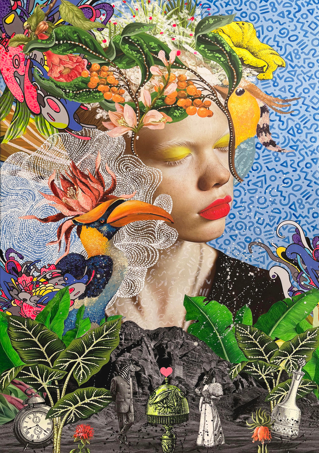 A vibrant mixed media portrait featuring a serene female figure with closed eyes, adorned with lush botanical elements, birds, and surreal collage motifs. Set against a bright blue patterned background, the piece merges digital collage with hand-painted details including florals, wildlife, and abstract embellishments.