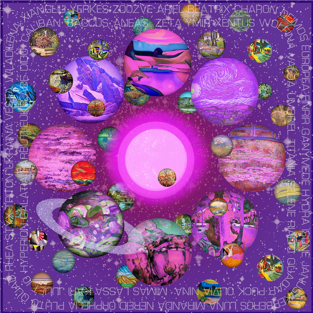A surreal, planetary-themed digital artwork featuring numerous colourful orbs and moons orbiting a glowing pink central sphere, all set against a violet and star-dusted cosmic background. Each large orb is textured with abstract landscapes or layered paintings, combining painterly textures and fantastical hues. The border contains names of planets, moons, and celestial bodies in uppercase white text. The visual style is both psychedelic and cosmic, blending celestial themes with art history references.