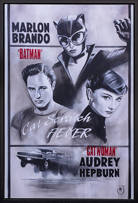 Monochrome poster-style artwork featuring Marlon Brando as Batman and Audrey Hepburn as Catwoman in a fictional film titled Cat Scratch Fever.