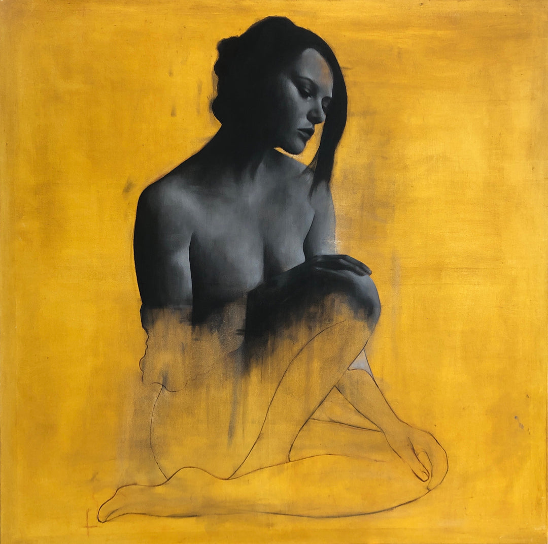 Monochrome nude female figure seated against a golden yellow background.