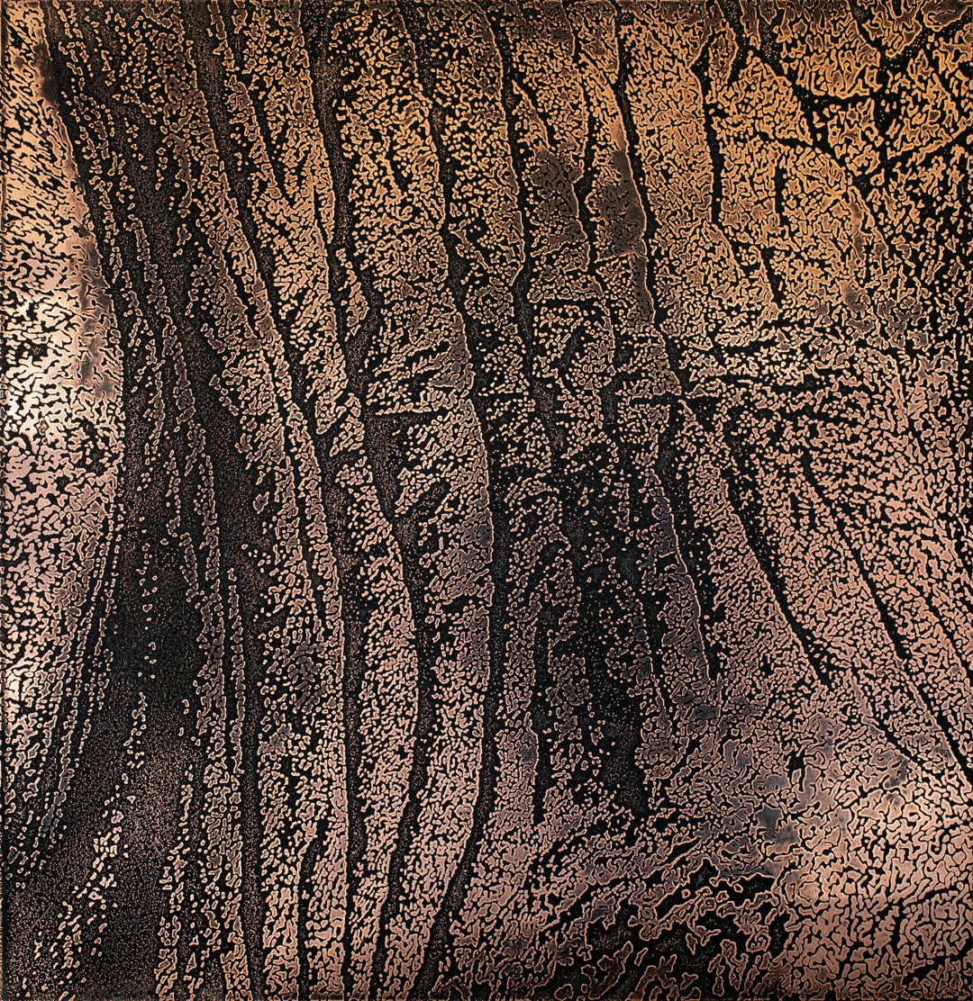 Abstract 2D copper etching featuring organic, bark-like patterns and flowing vertical textures with a metallic sheen