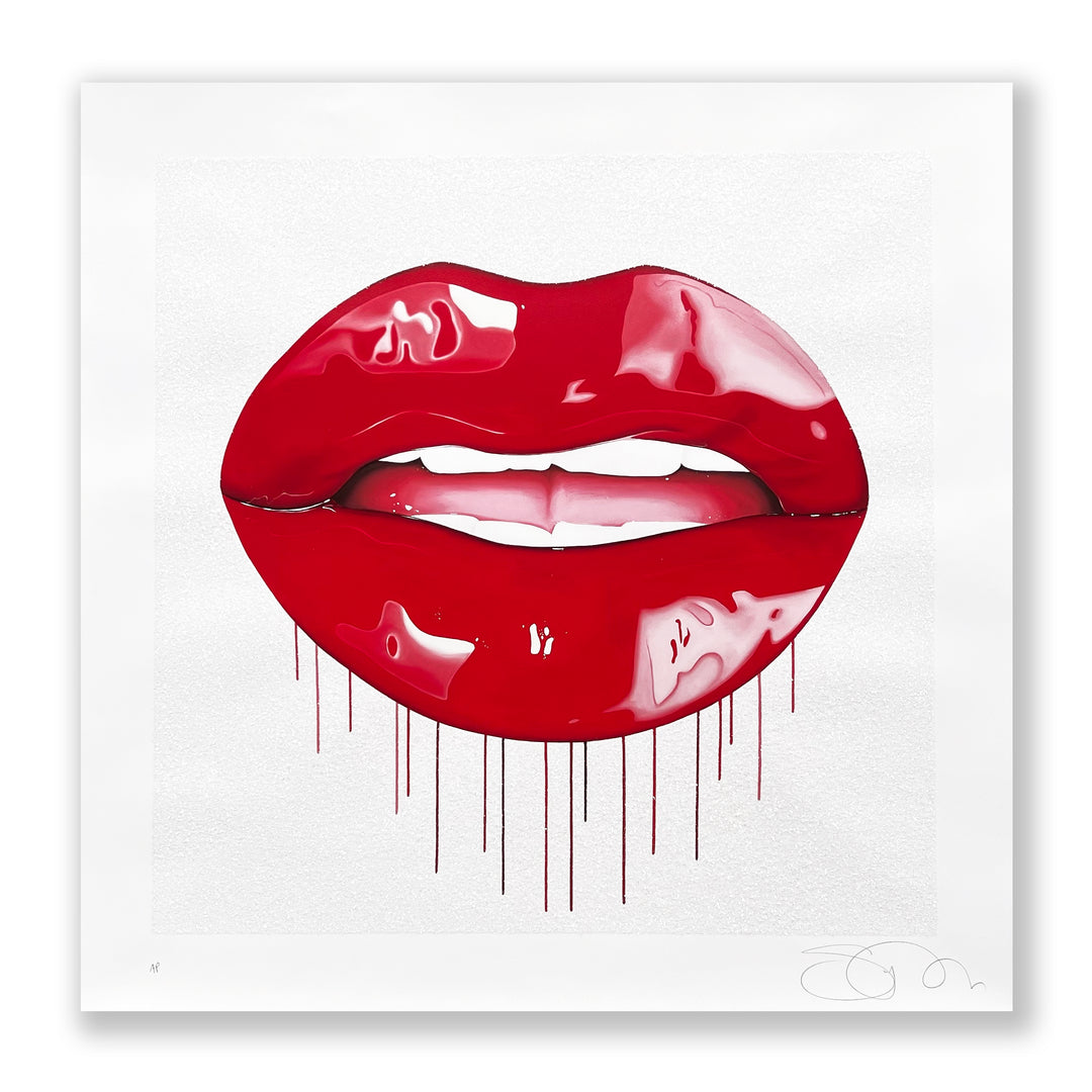 Glossy red lips with dripping paint effect on a white background.