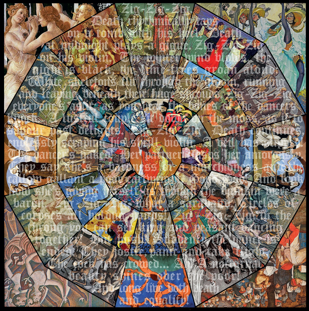 A spiral collage composed of classical, surrealist, and modern paintings arranged in segmented panels forming a wheel-like pattern. Each segment features vivid depictions of mythological, religious, or allegorical scenes. The overall tone ranges from divine and celebratory to dark and macabre, with layered gothic script overlaying the composition.