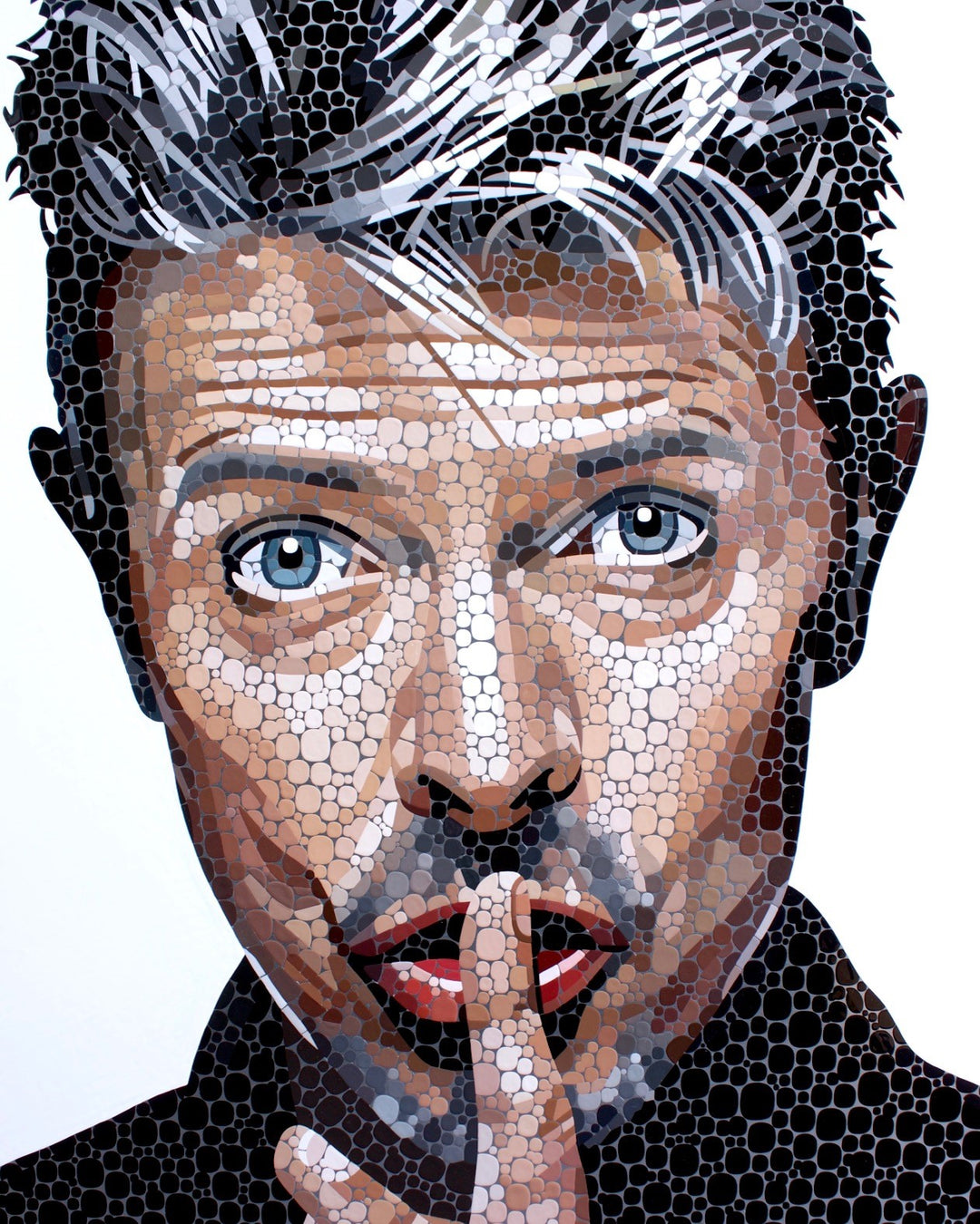 Mosaic-style portrait of a man with silvery hair holding a finger to his lips in a hush gesture.