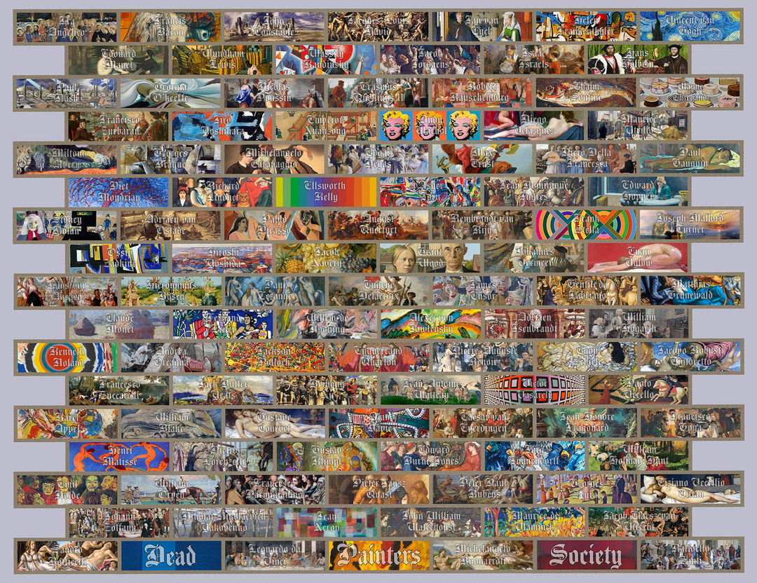A densely packed collage titled "Dead Painters Society," featuring hundreds of cropped artworks from renowned painters throughout history. Each rectangular panel highlights a distinct style, from classical realism and impressionism to cubism, surrealism, and pop art. Artists’ names are overlaid in gothic or stylised fonts, spanning from the Renaissance to the 20th century in a rainbow of vivid colours and visual expressions.