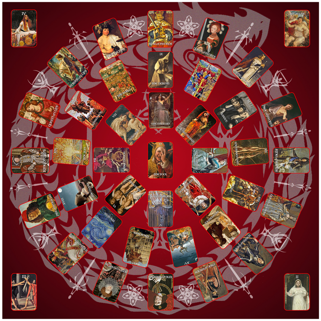 A circular tarot-style arrangement of art cards set against a deep crimson background adorned with silver occult symbols. Each card features a classical or Renaissance painting adapted to represent tarot archetypes, including The Fool, Death, The Lovers, and various suits. The design blends mysticism and historical art in a dramatic, visually striking composition.
