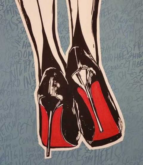 Original artwork titled "NIGHT IN" featuring a stylised linocut of a woman’s legs in iconic black high heels with red soles, set against a textured blue background layered with spray-painted text.