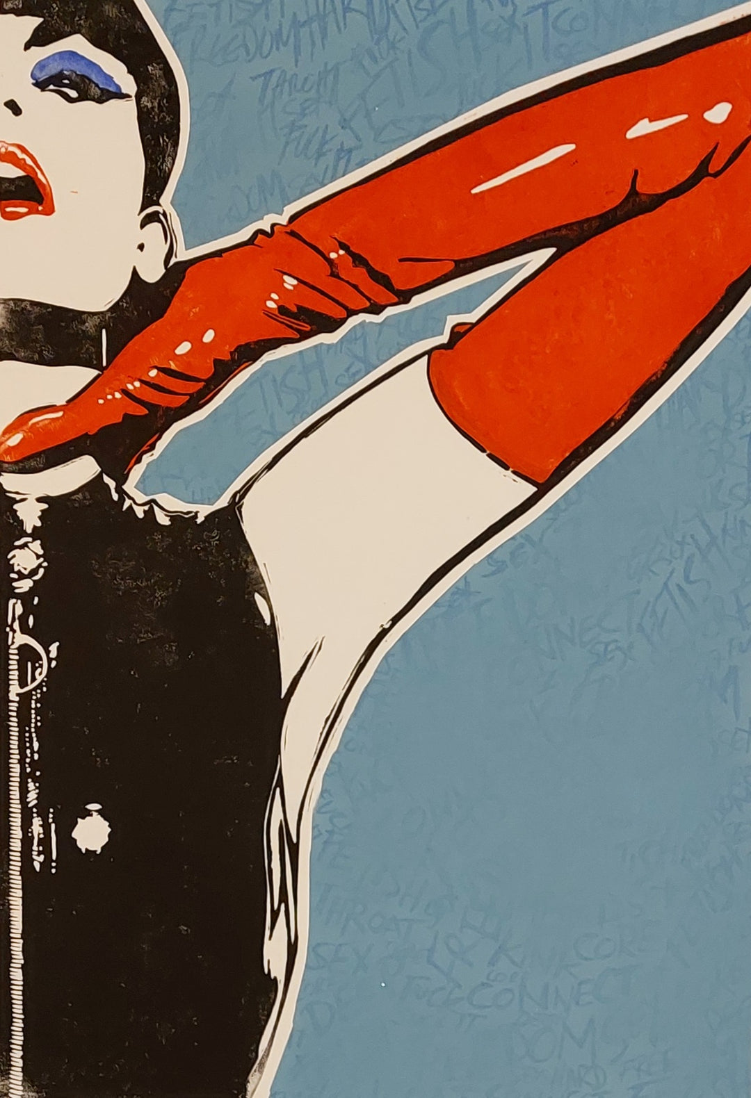 Striking close-up linocut of a woman in glossy red opera gloves pulling at her own neck, set against a pale blue background with layered hidden text. Her black zip-up corset and vivid red lipstick contrast sharply with the stylised composition, enhanced by bold lines and expressive colour. The piece captures a provocative moment with fetish-inspired overtones and graphic precision.