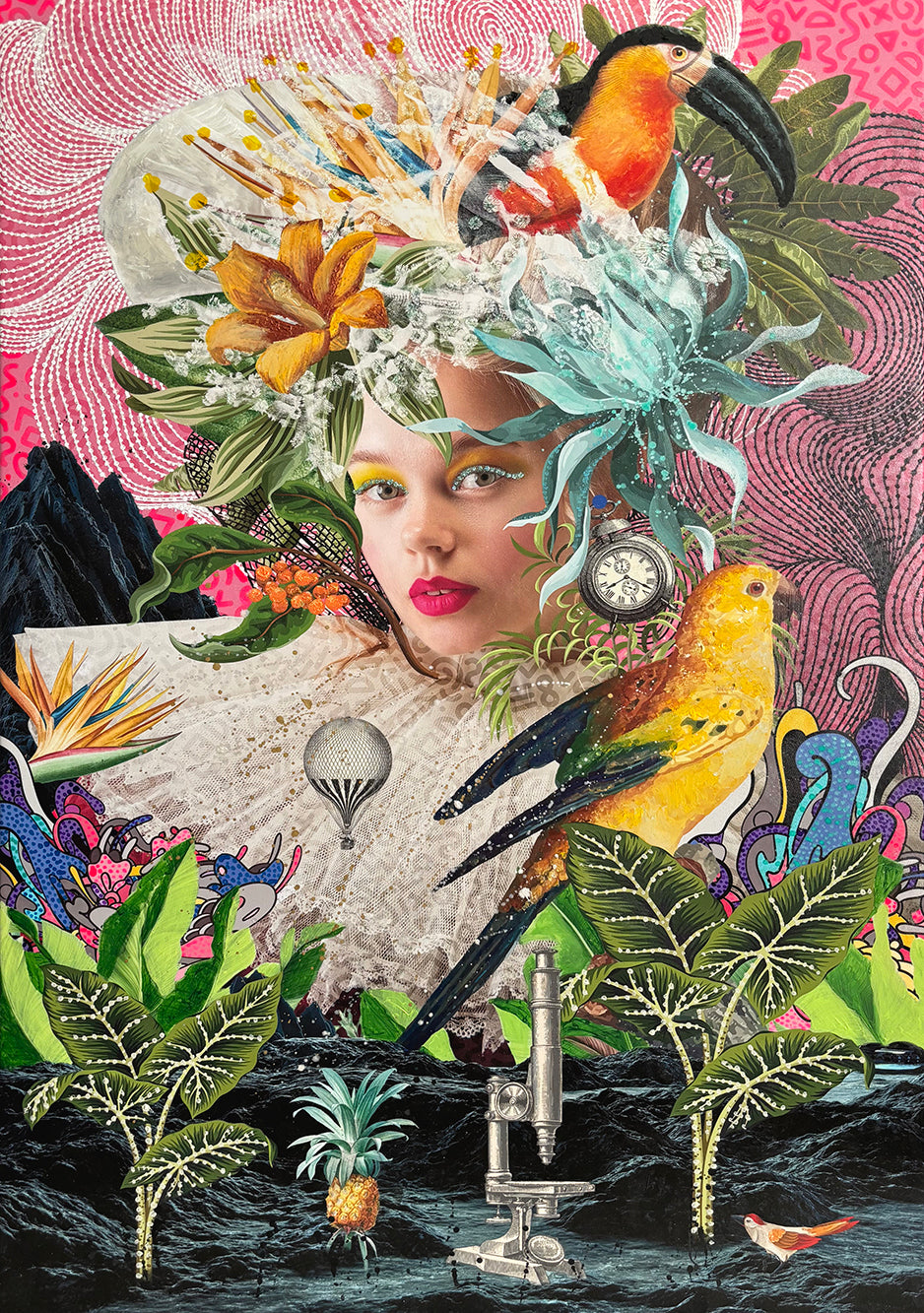 A vibrant mixed media portrait featuring a young woman with vivid pink lips and bright yellow eye makeup, surrounded by an elaborate headdress of tropical foliage, birds, flowers, and surreal objects. The background is a patterned hot pink with swirling textures, while the lower section includes botanical elements, vintage illustrations, a pineapple, and a metallic microscope, blending science and fantasy.