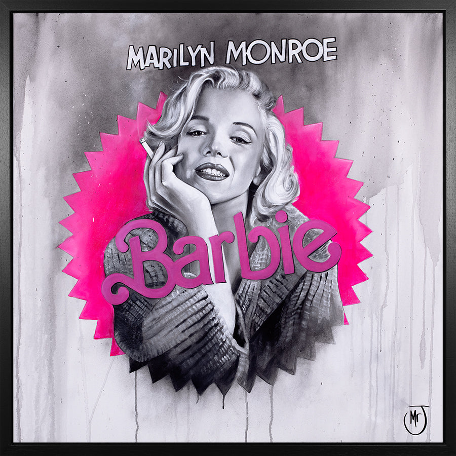 Black and white portrait of Marilyn Monroe with a cigarette, overlaid with bright pink Barbie logo and comic-style lettering.