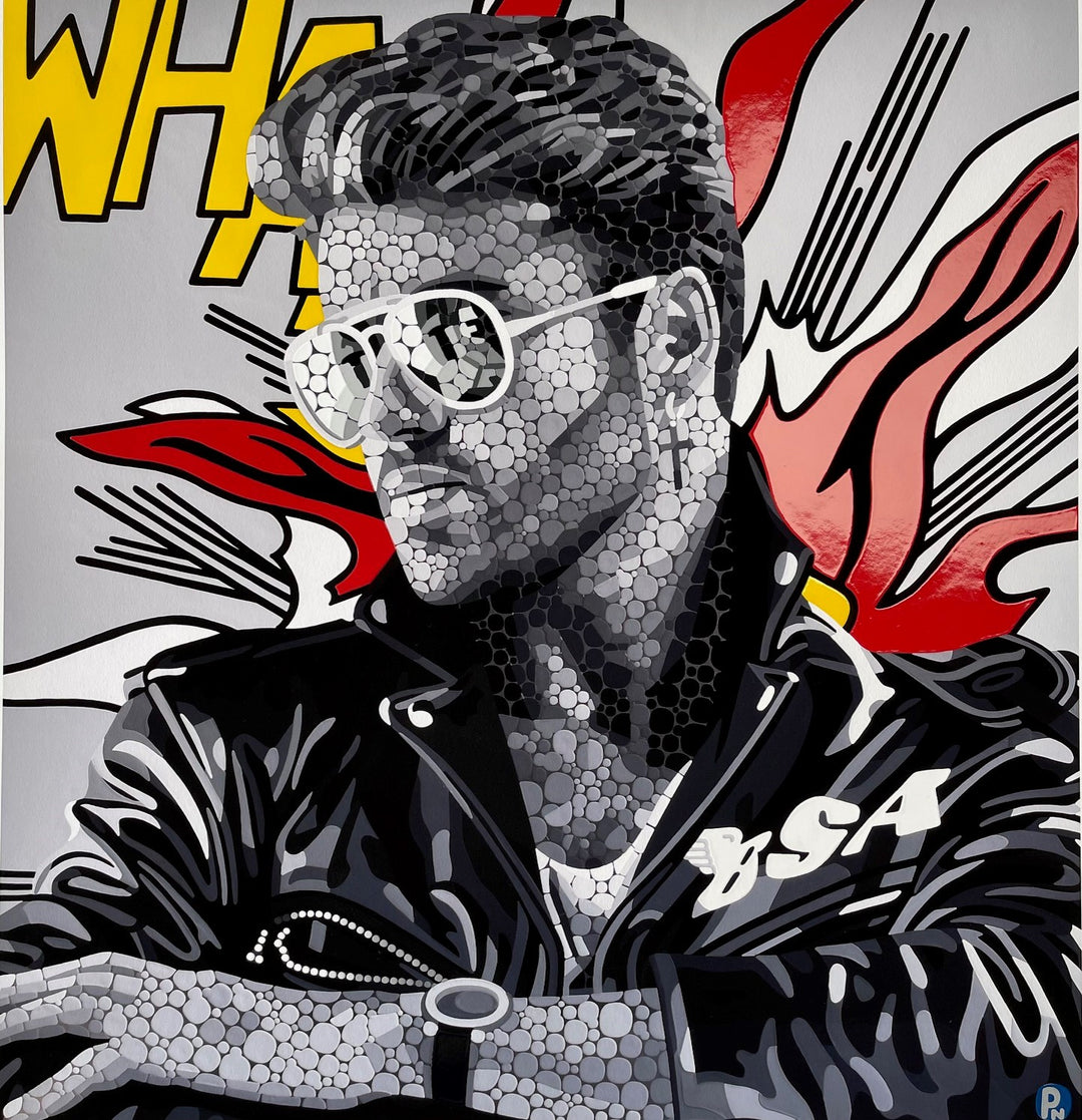 Pop art-style mosaic portrait of a man in sunglasses and a black leather jacket, with comic book flames and text in the background.