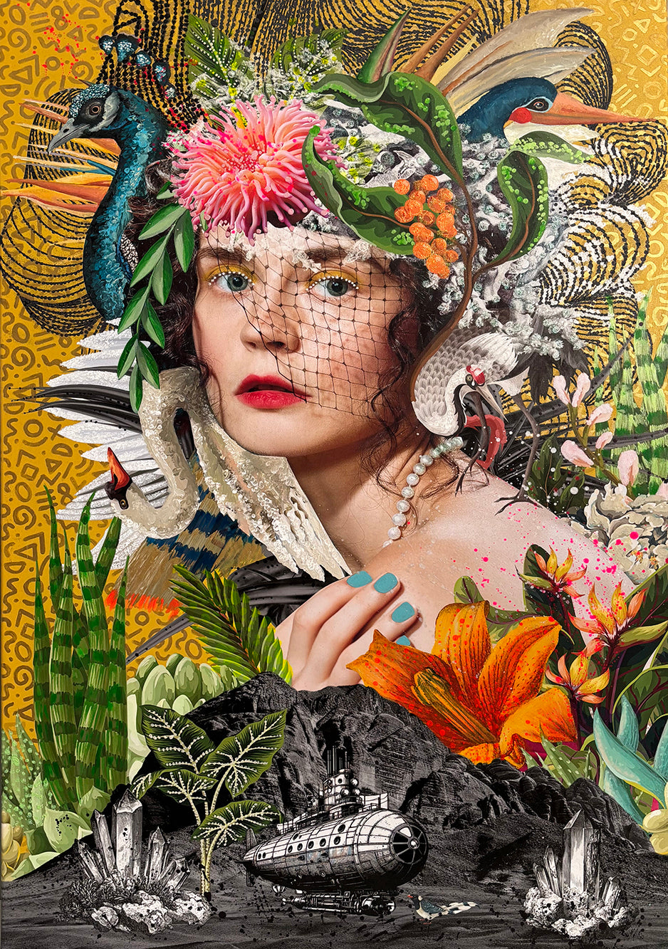 A richly layered mixed media artwork featuring a poised woman with pearl jewellery, a black netted veil, and vivid red lips, surrounded by exotic birds, tropical foliage, orange lilies, and a detailed yellow patterned backdrop. The lower foreground is illustrated with surreal monochrome elements including a submarine, crystals, and jungle flora, blending natural and fantastical imagery.