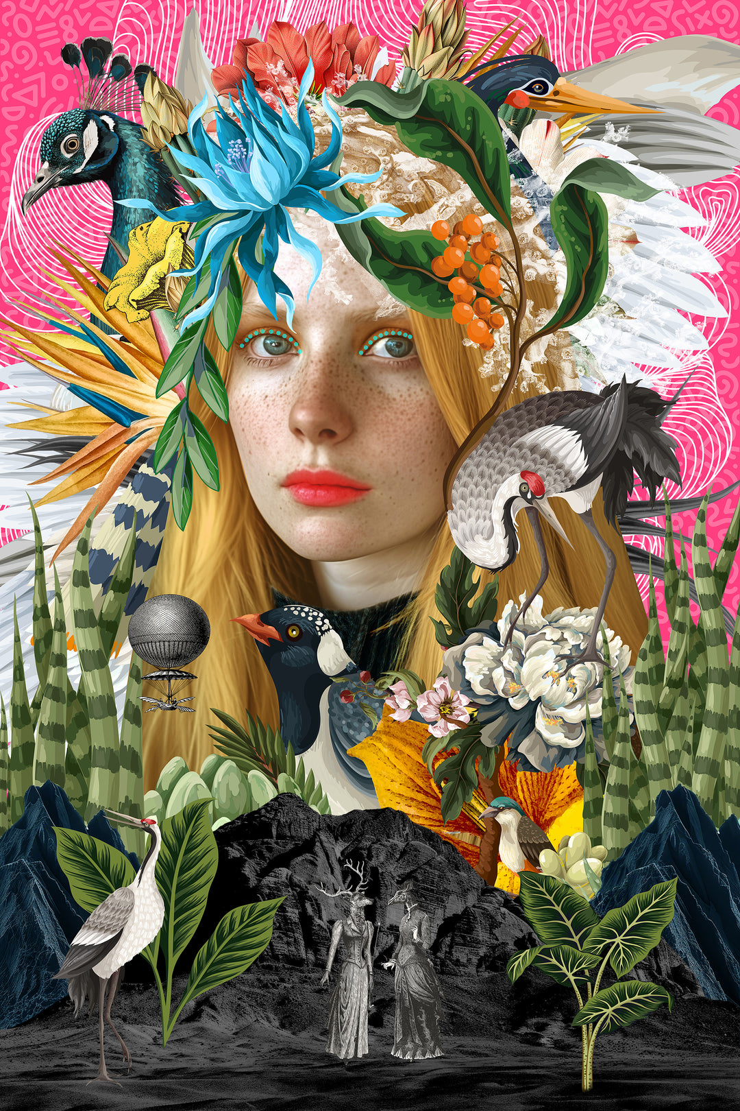 A vibrant mixed media collage featuring a serene red-haired woman with soft freckles and coral lips, surrounded by an intricate botanical and avian headdress. Birds of paradise, cranes, peacocks, and exotic foliage swirl around her, layered against a vivid magenta backdrop. The foreground features monochrome classical figures and mountainous terrain, blending natural beauty with surrealist fantasy.