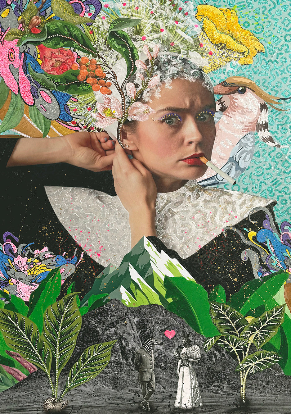 A richly layered mixed media collage featuring a woman adjusting an earring, wearing a regal white embroidered collar and a surreal botanical headdress. Surrounded by vibrant tropical plants, birds, and abstract patterns, the scene blends classic portraiture with pop surrealism. A cigarette hangs from her lips, while playful mountain peaks and monochrome figures below introduce elements of fantasy and satire.