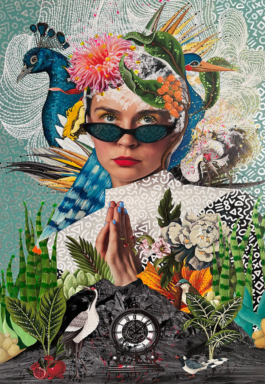 Surrealist collage of a woman wearing dark sunglasses and a tropical headdress composed of birds, plants, and flowers. Her hands are pressed in a prayer-like pose amid a lush landscape of oversized botanicals, birds, and vintage illustrations. The background features vibrant pattern work, while a black ornamental clock and fruit elements appear at the base.