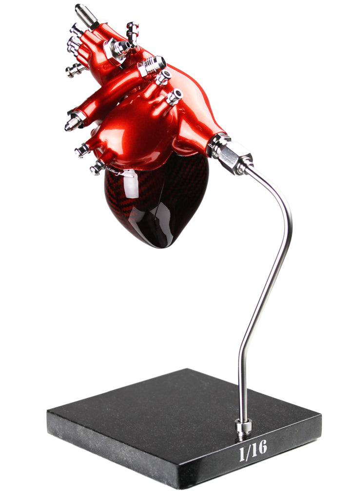 A vivid heart sculpture by Alastair Gibson, crafted from red-tinted 2x2 twill carbon fibre and finished with 3D-printed ABS atriums. Featuring titanium fuel and hydraulic fittings from Grand Prix cars, it fuses organic form with motorsport engineering. Finished in deep racing red with a UV-resistant gloss, it’s desk-mounted on a polished granite base with a stainless steel hydraulic support—blending precision with striking visual impact.