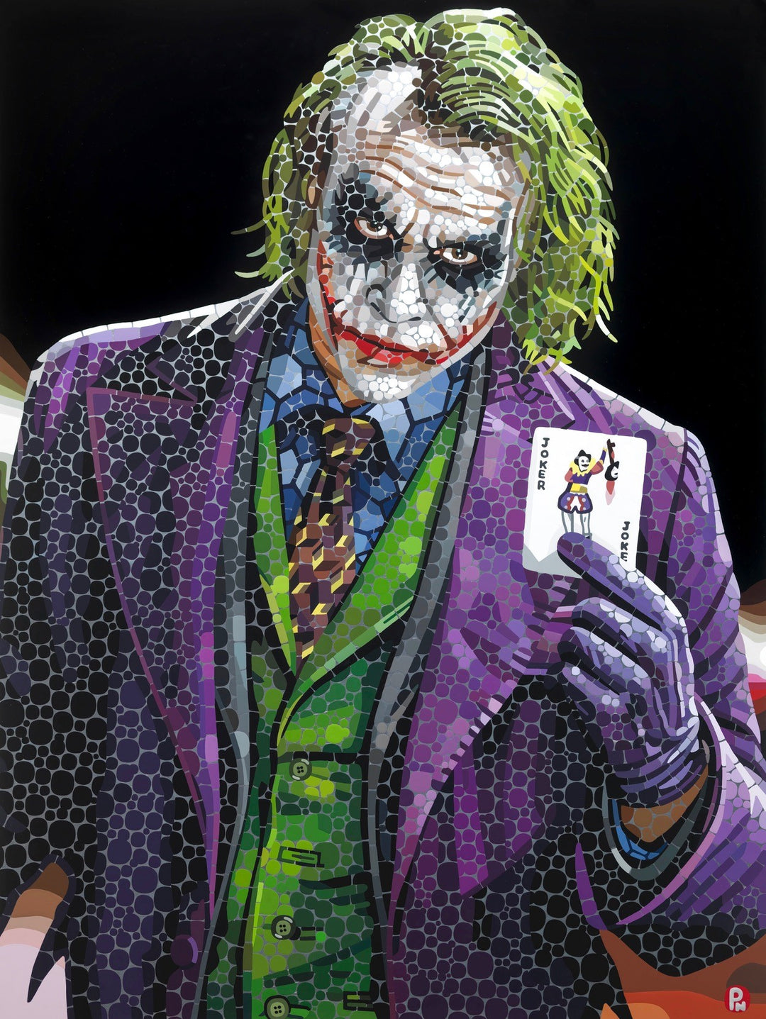 Mosaic-style portrait of the Joker holding a playing card with a dark background.
