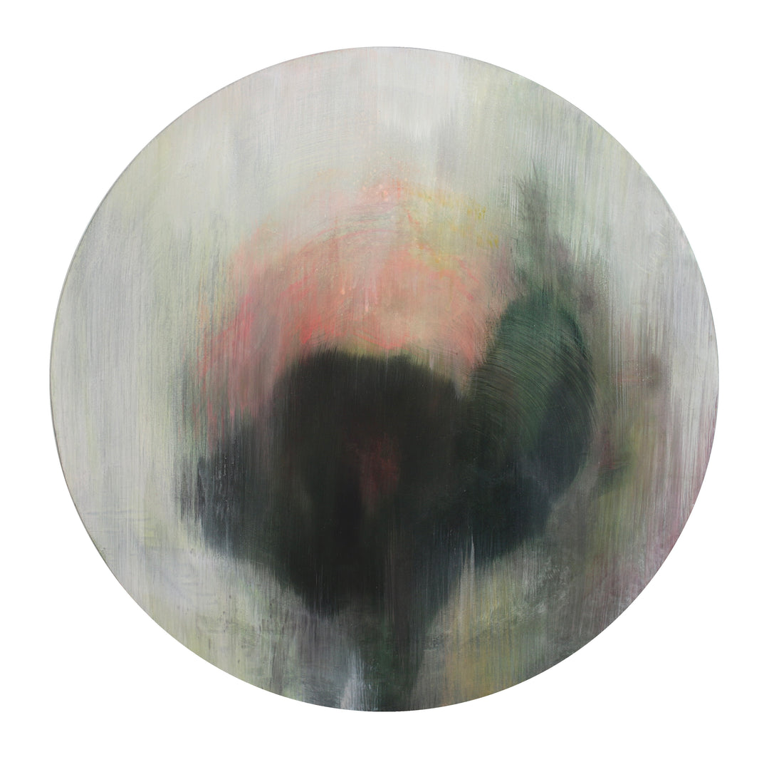Abstract circular artwork of a dark flower with deep green and soft red tones on a pale textured background.