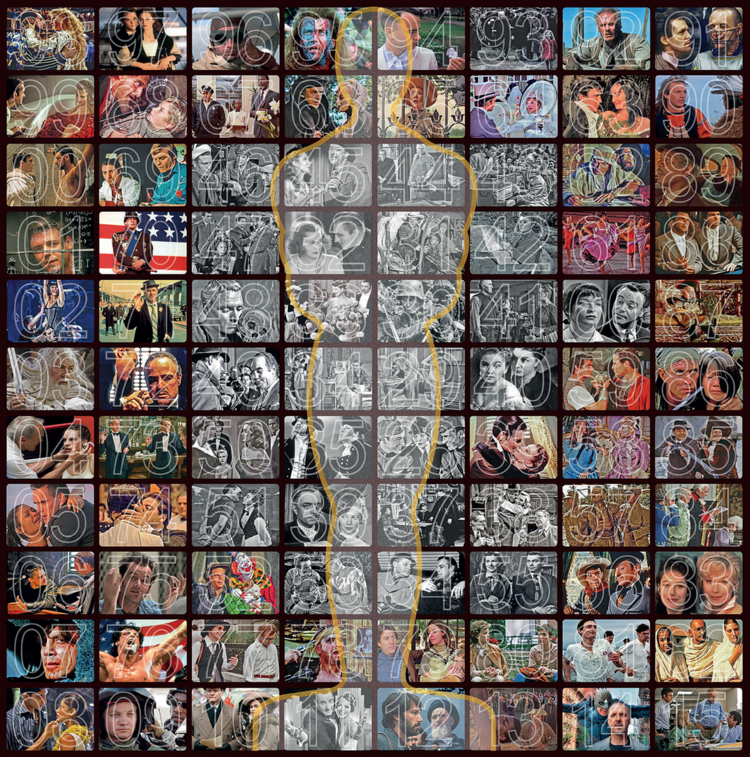 A cinematic collage of Best Actor Oscar winners, arranged in a grid spanning decades of film history. Each square features a portrait or iconic scene of a winning performance, overlaid with the year and stylised numerals. A transparent silhouette of the Oscar statuette, outlined in gold, dominates the centre, tying the montage together in a tribute to cinematic excellence.