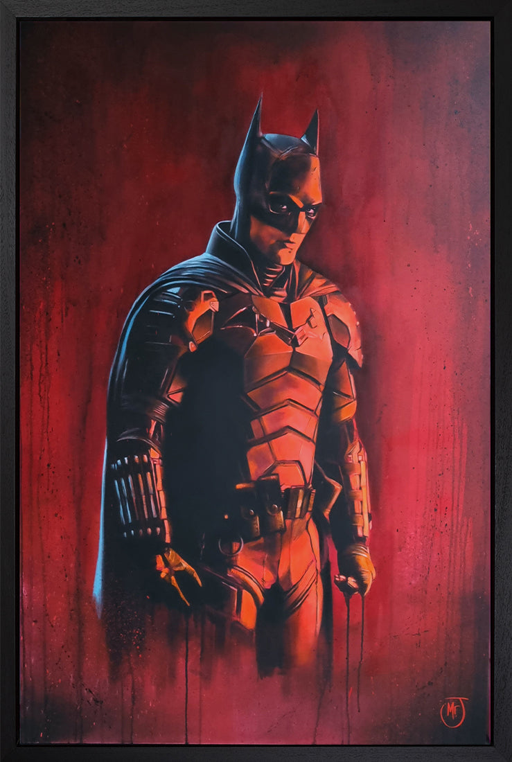 Moody portrait of Batman in full armour, illuminated by red light against a deep crimson backdrop with painterly drips and shadows.