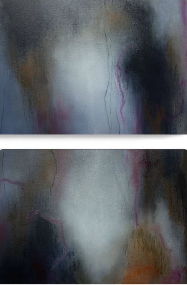 Abstract diptych painting with misty white centre, surrounded by dark shadows, soft textures, and hints of pink and amber.
