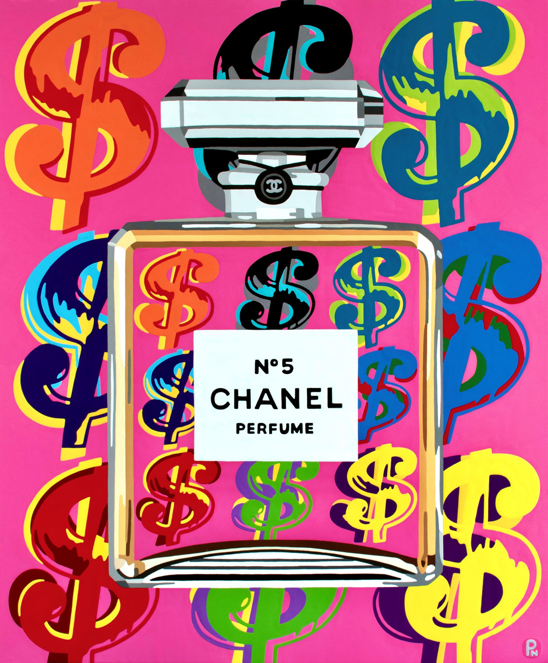 Pop art painting of a Chanel No.5 perfume bottle overlaid with colourful dollar signs on a pink background.