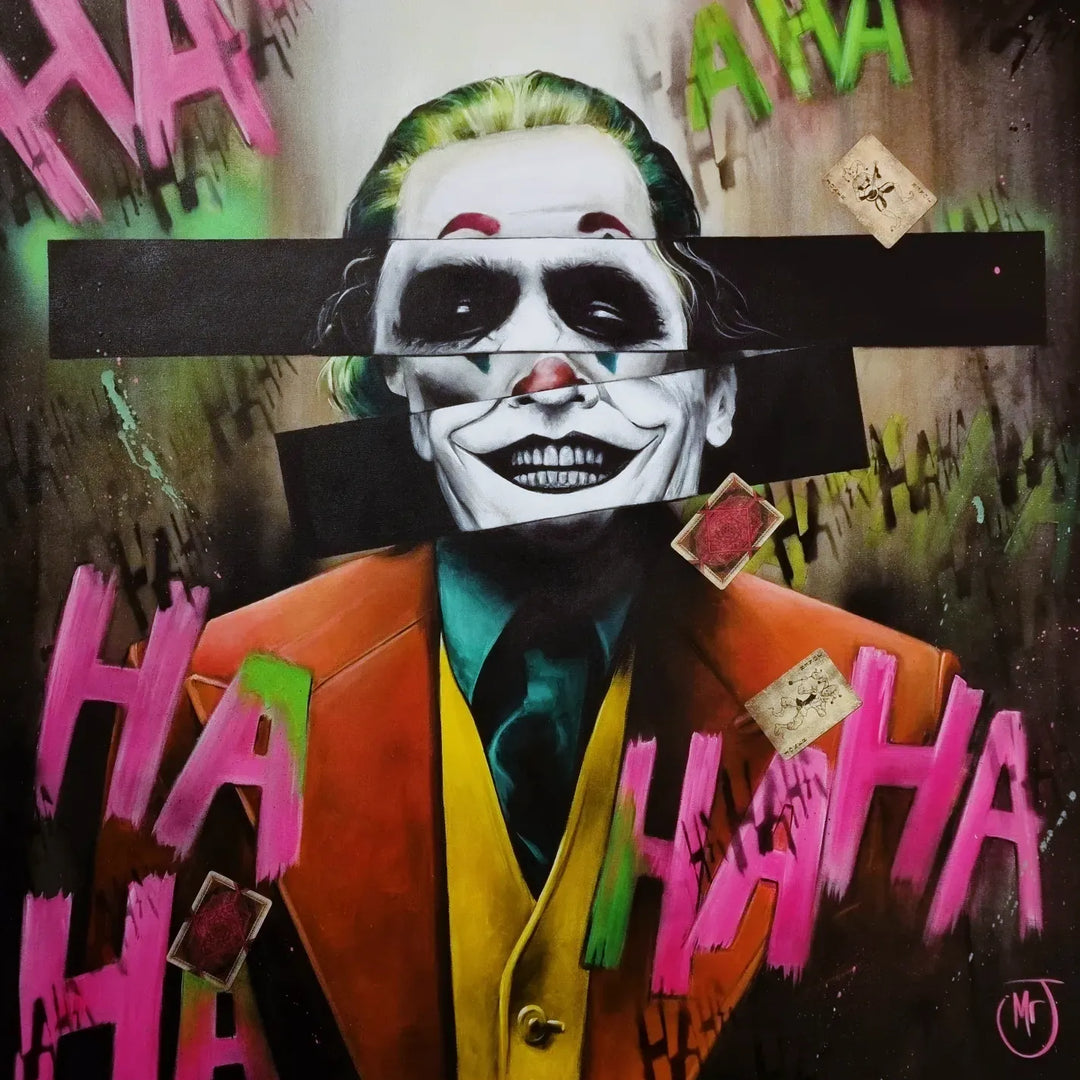 Vibrant pop art portrait of the Joker in a multicoloured suit with fragmented face, graffiti-style "HA HA" text, and chaotic background.
