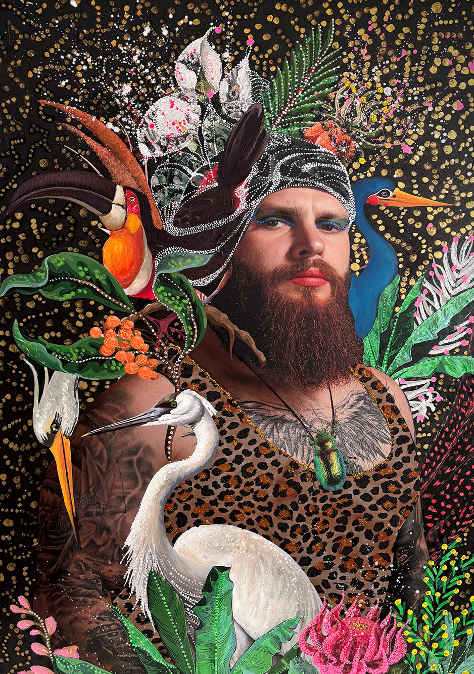 Portrait of a bearded man in a leopard-print vest, adorned with a flamboyant headdress of tropical birds, foliage, and intricate hand-painted embellishments. Surrounded by cranes, toucans, and vibrant botanicals on a black background dotted with gold and pink detail. His expression is bold and confident, blending masculinity with fantastical surrealism.