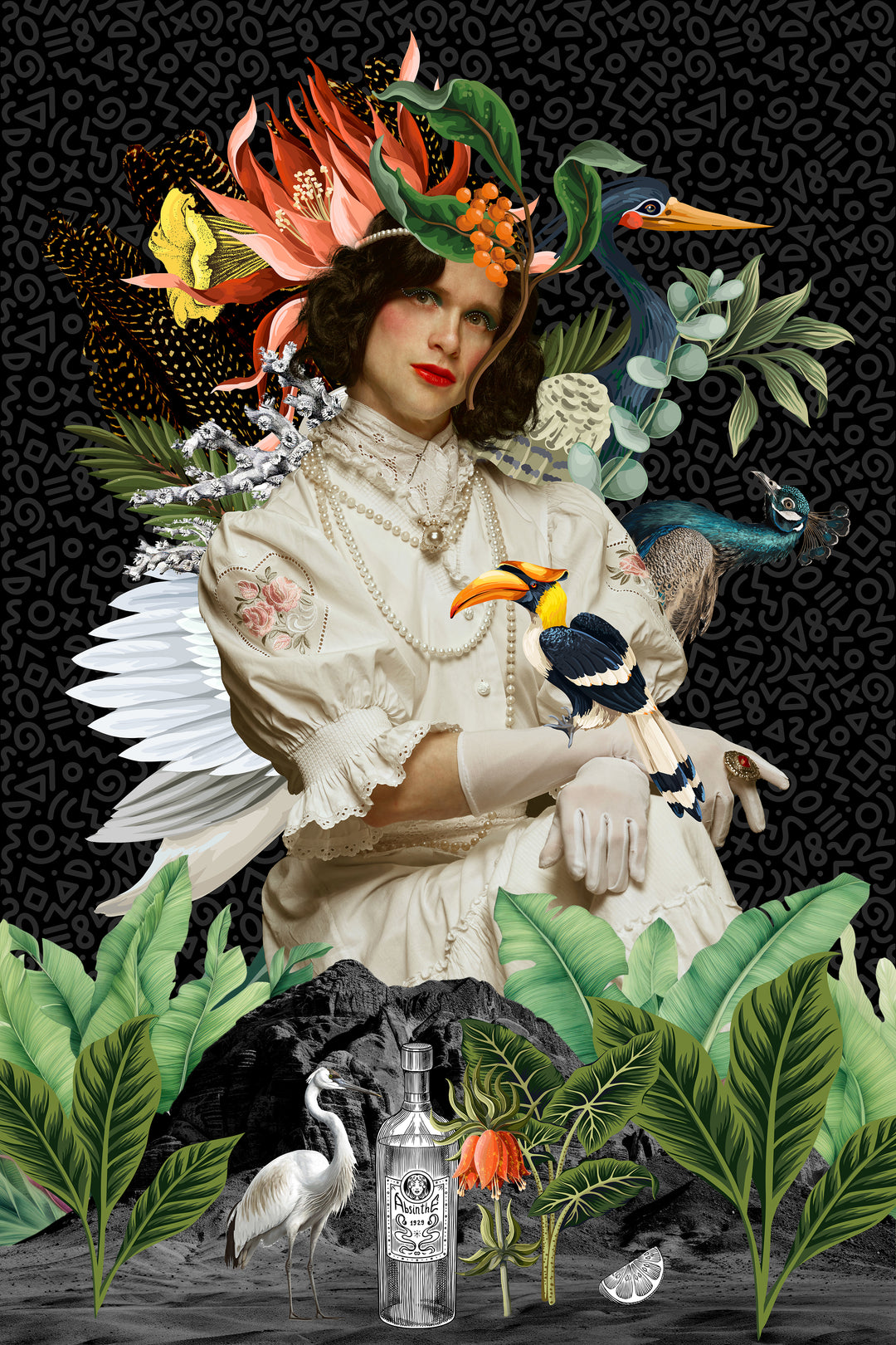 A surreal portrait of a figure in vintage ivory attire adorned with pearls and gloves, posed with elegance. Their head is crowned with oversized exotic flowers, foliage, and birds including toucans and peacocks. The background is black with geometric patterns, while the base is filled with illustrated greenery, a bottle of absinthe, and a white crane, blending classical styling with bold fantasy elements.