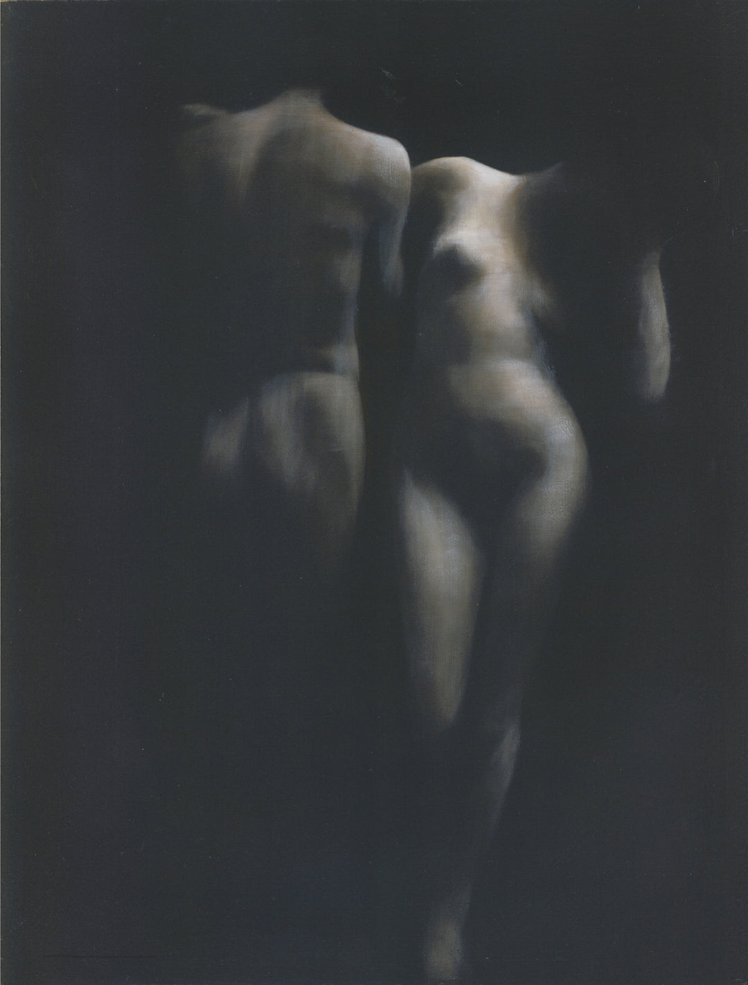 Moody figurative painting of two nude torsos emerging from darkness in soft, tonal light.