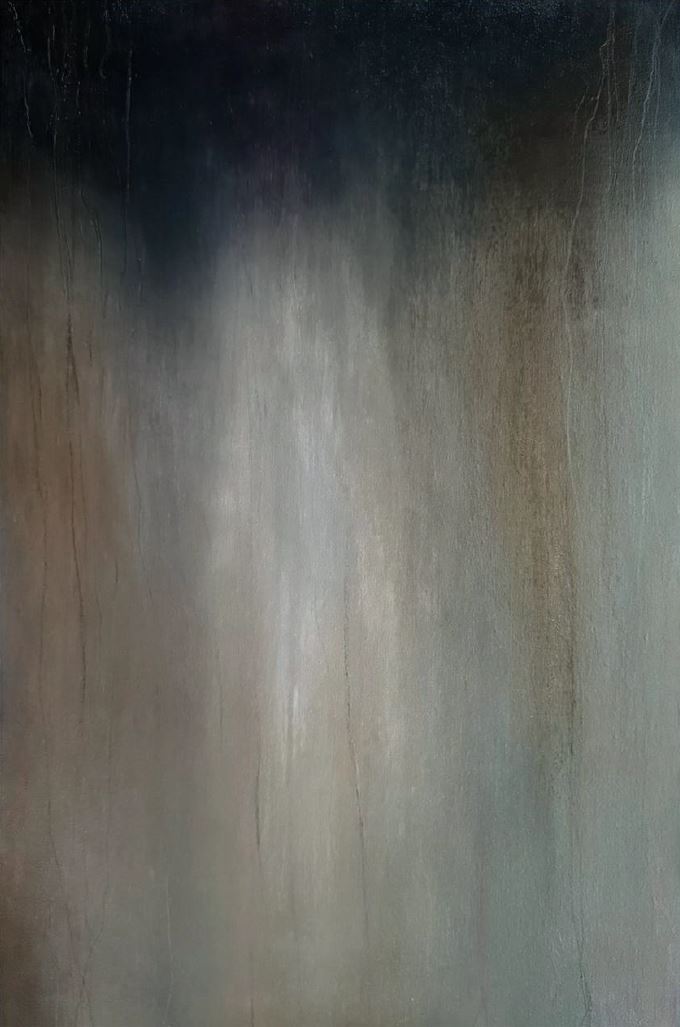 Minimalist abstract painting with soft vertical gradients in earthy tones, fading from deep charcoal to pale grey.