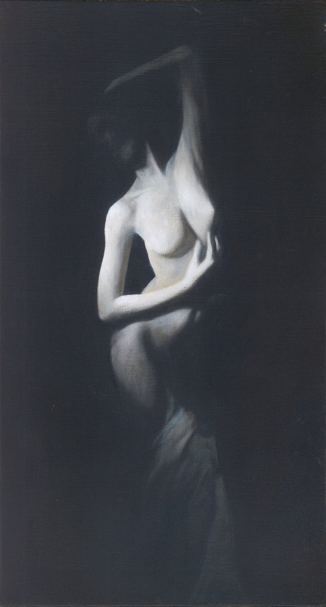 Atmospheric oil painting of a nude female figure emerging from deep shadow.