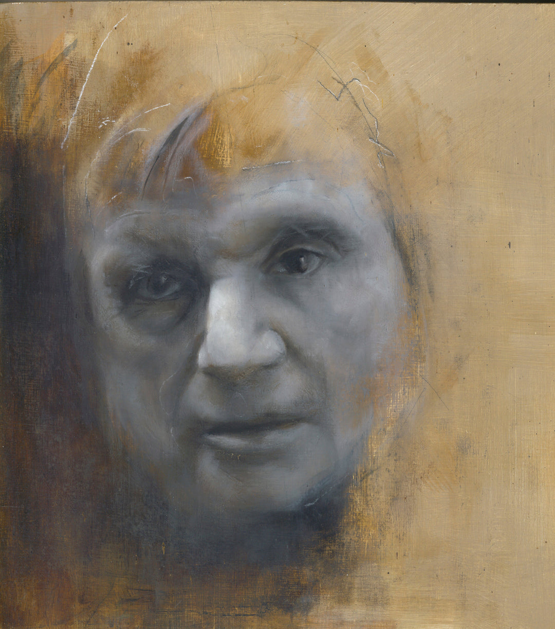 Expressive oil portrait of an older man's face emerging from a textured ochre-toned background.
