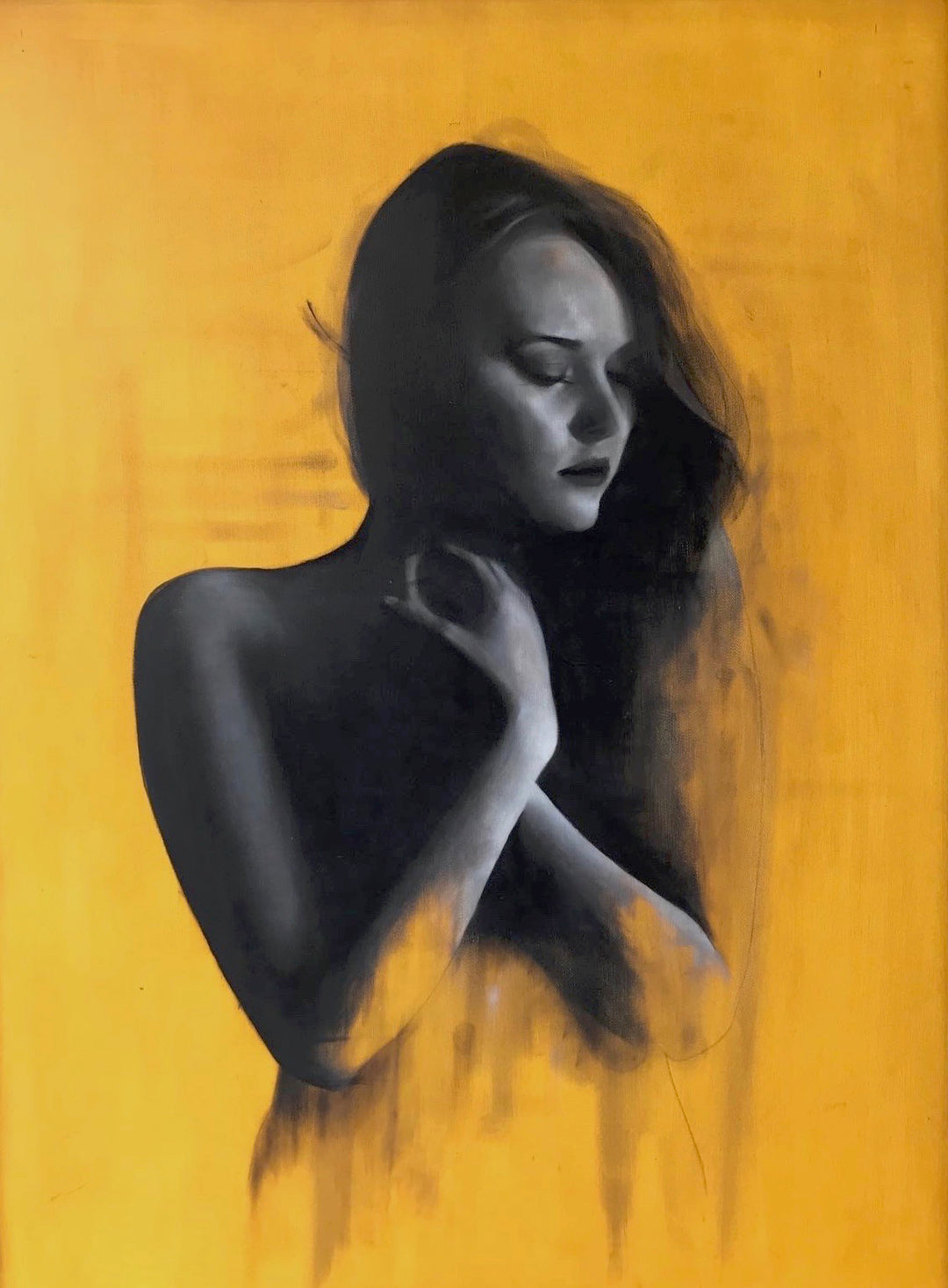 Figurative painting of a woman with closed eyes and hands clasped, emerging from a vibrant yellow background.