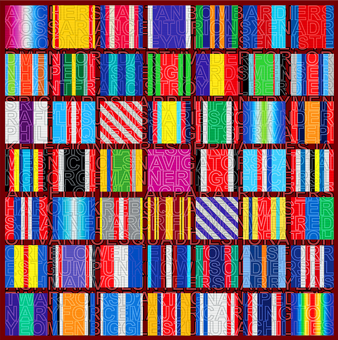 A grid of colourful military-style ribbons, each uniquely patterned with bold stripes and blocks of colour. Overlaid across the entire image are transparent names and ranks from famous war films and characters, blending pop culture and military symbolism in a visually striking tribute.